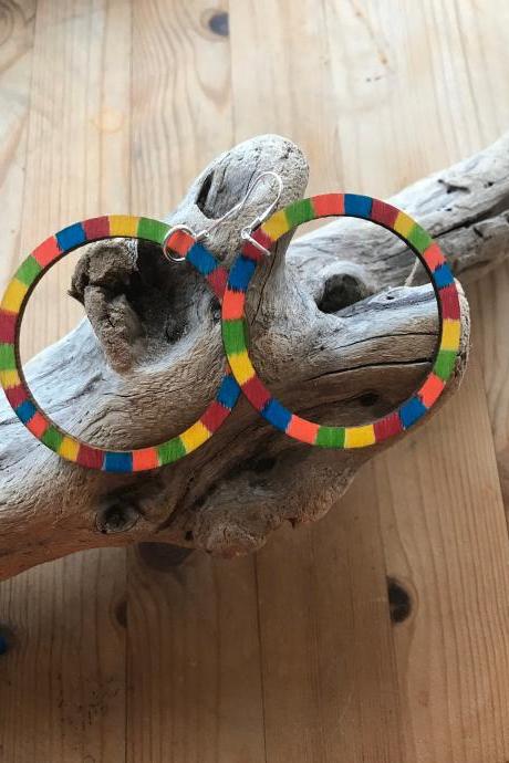 Pretty BoHo colourful wooden large hoop earrings