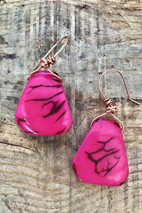 Pink Tagua nut (vegetable Ivory) dangle earrings with copper ear wires.