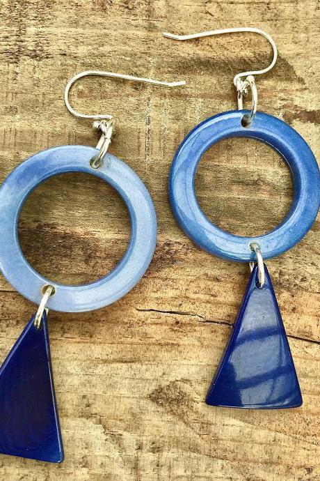 Beautiful blue hoop & navy triangle Tagua nut (vegetable Ivory) dangle earrings with sterling silver wires .