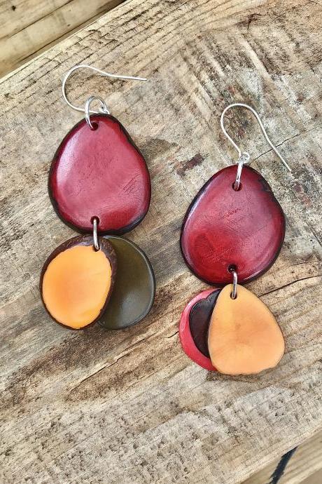 Lovely red Browns & yellowTagua nut (vegetable Ivory) dangle earrings with sterling silver wires.