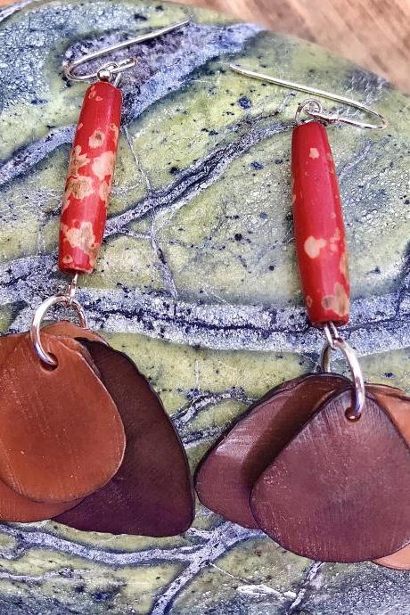 Browns & russets Tagua nut (vegetable Ivory) dangle earrings with sterling silver wires.