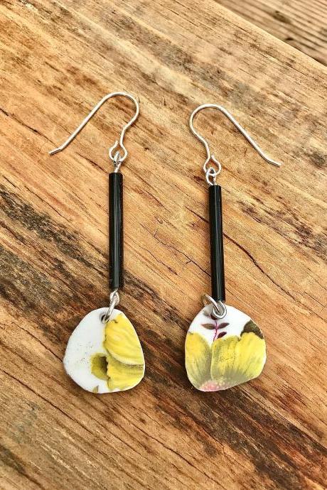 Sweet vintage recycled yellow floral China & black bead dangle earrings