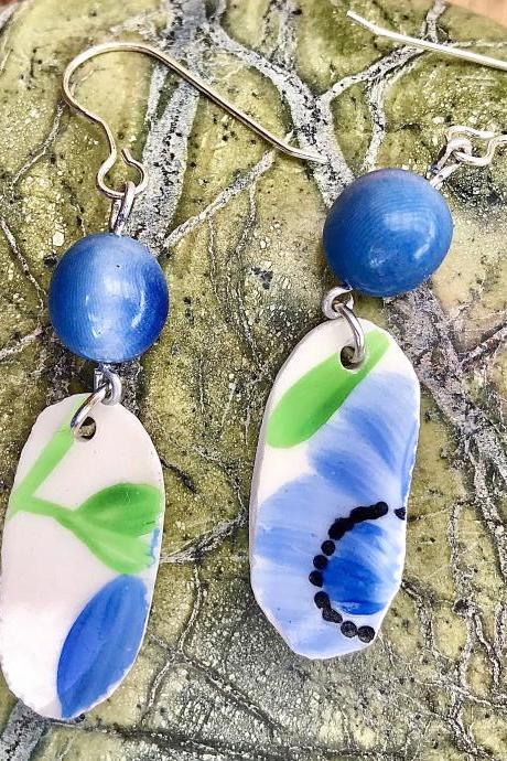 Cute blue recycled vintage floral China & blue Tagua nut bead dangle earrings