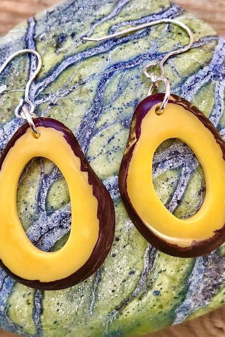 Gorgeous sun yellow colour Thick Calamari ring shaped Tagua nut (vegetable Ivory) dangle earrings with sterling silver wires .