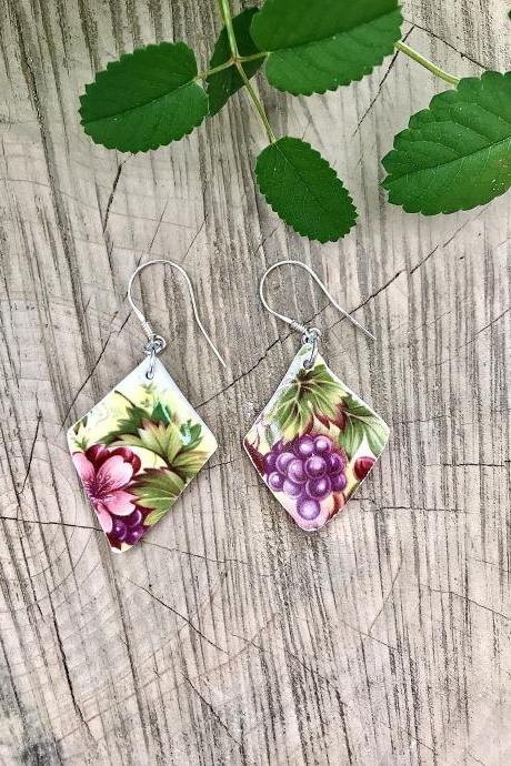 Sweet vintage recycled fruity floral China floral dangle earrings