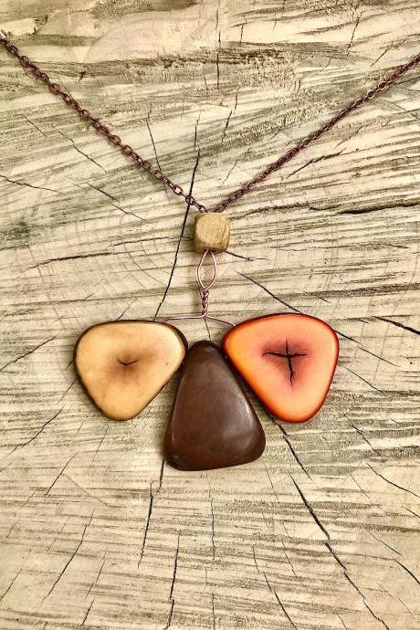 BOHO Earth shades Tagua nut necklace with copper chain.