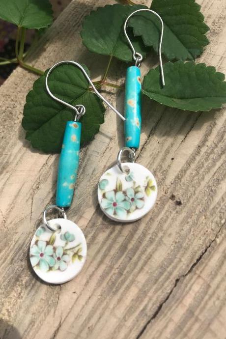 Cute turquoise recycled vintage floral China & ceramic bead dangle earrings