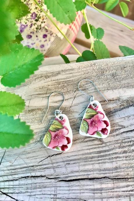 Sweet vintage recycled pink floral China floral dangle earrings