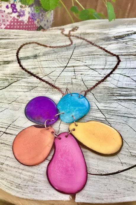 BOHO Colourful Tagua nut necklace with copper chain.