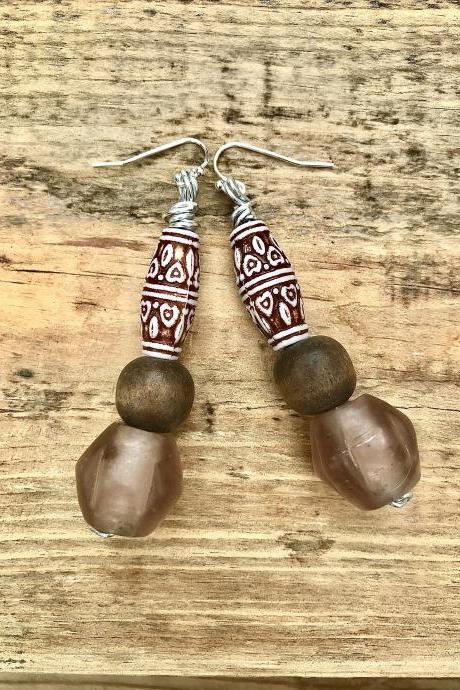 Gorgeous recycled African bottle Glass ceramic and wooden beads earrings with sterling silver wires.