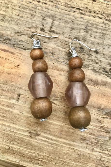 Gorgeous recycled African bottle Glass and wooden beads earrings with sterling silver wires.