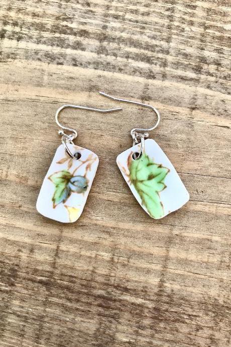 Sweet green vintage recycled China floral dangle earrings