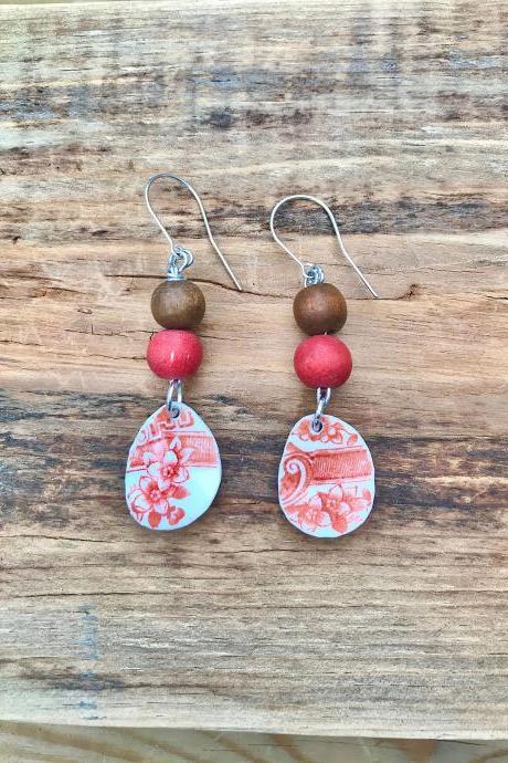 Gorgeous wood bead & orange vintage recycled broken China earrings with sterling silver wires.