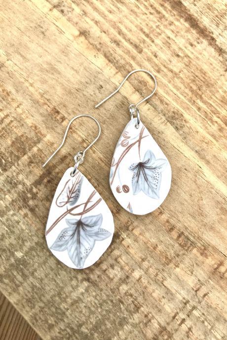 Gorgeous grey leaf vintage recycled broken China earrings with sterling silver wires.