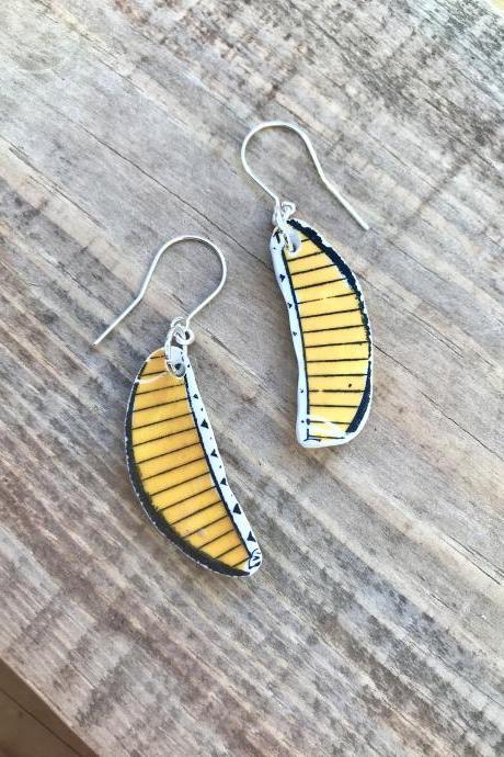 Sweet banana yellow vintage recycled broken China earrings with sterling silver wires.
