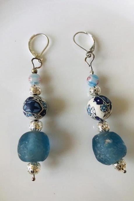 Pretty boho Blue recycled bottle glass dangle earrings