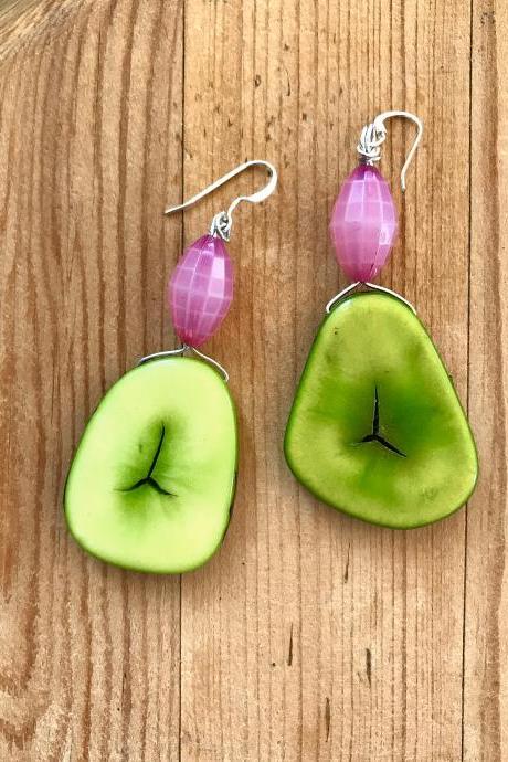 Gorgeous lime & pink BoHo Tagua nut dangle earrings with sterling silver wires