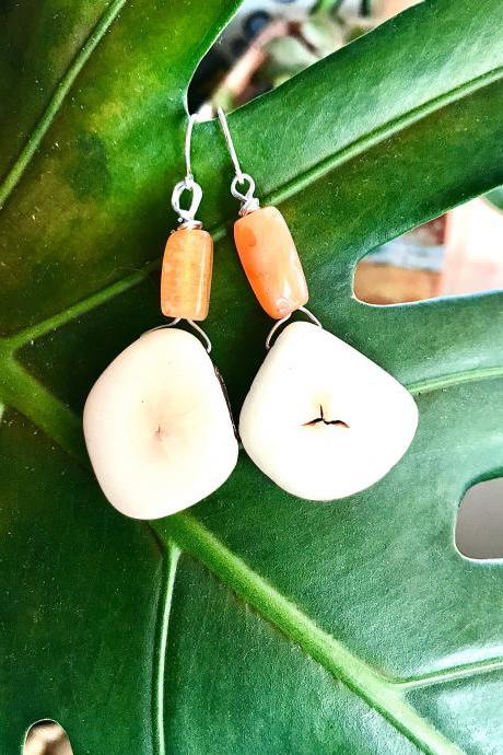 Gorgeous creamy white BoHo Tagua nut dangle earrings with sterling silver wires