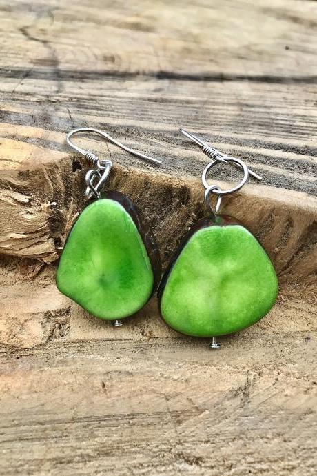 Gorgeous Green tagua nut dangle earrings