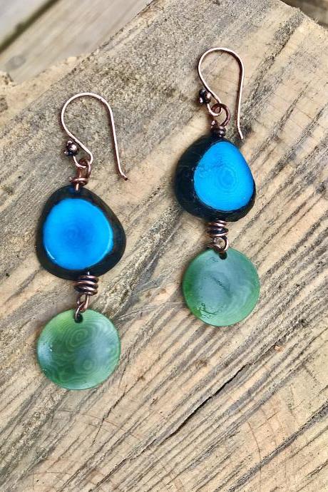 Gorgeous BoHo turquoise & olive tagua nut dangle earrings