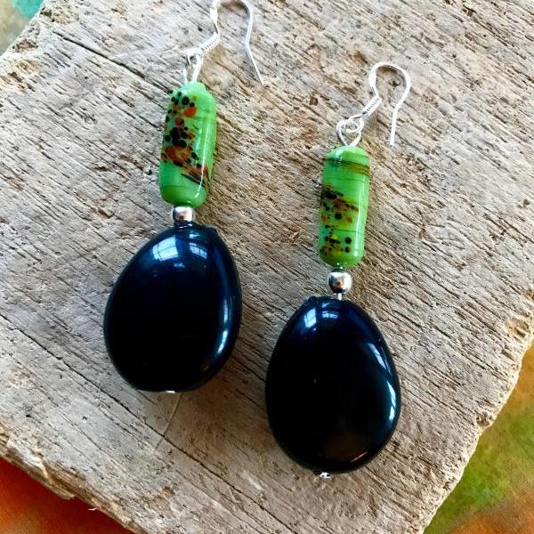Gorgeous black BoHo Tagua nut dangle earrings with sterling silver wires