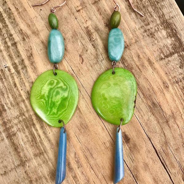 Gorgeous BoHo turquoise & lime tagua nut dangle earrings