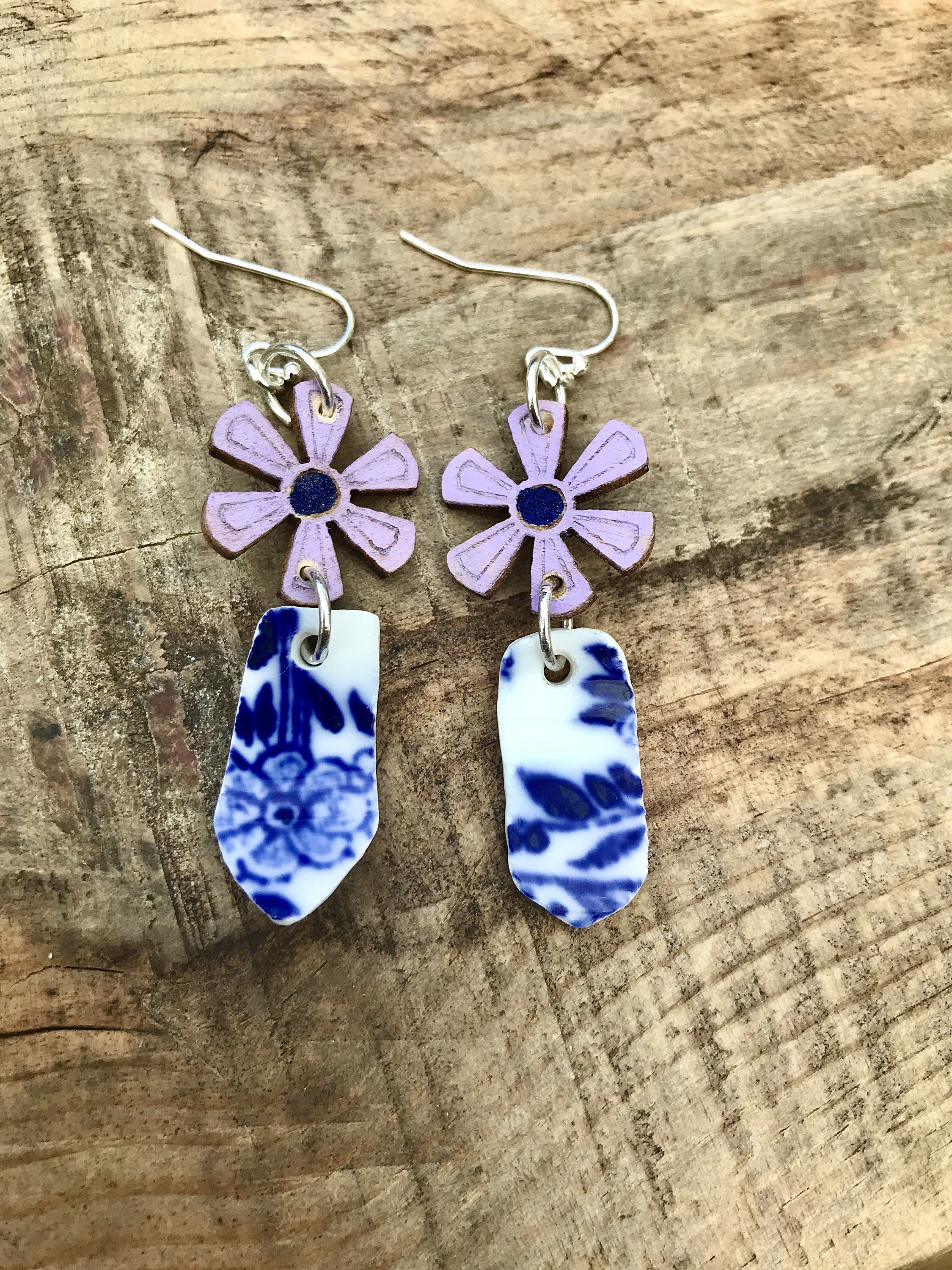 Pretty Purple Wooden Flower And Blue China Earrings With Sterling ...